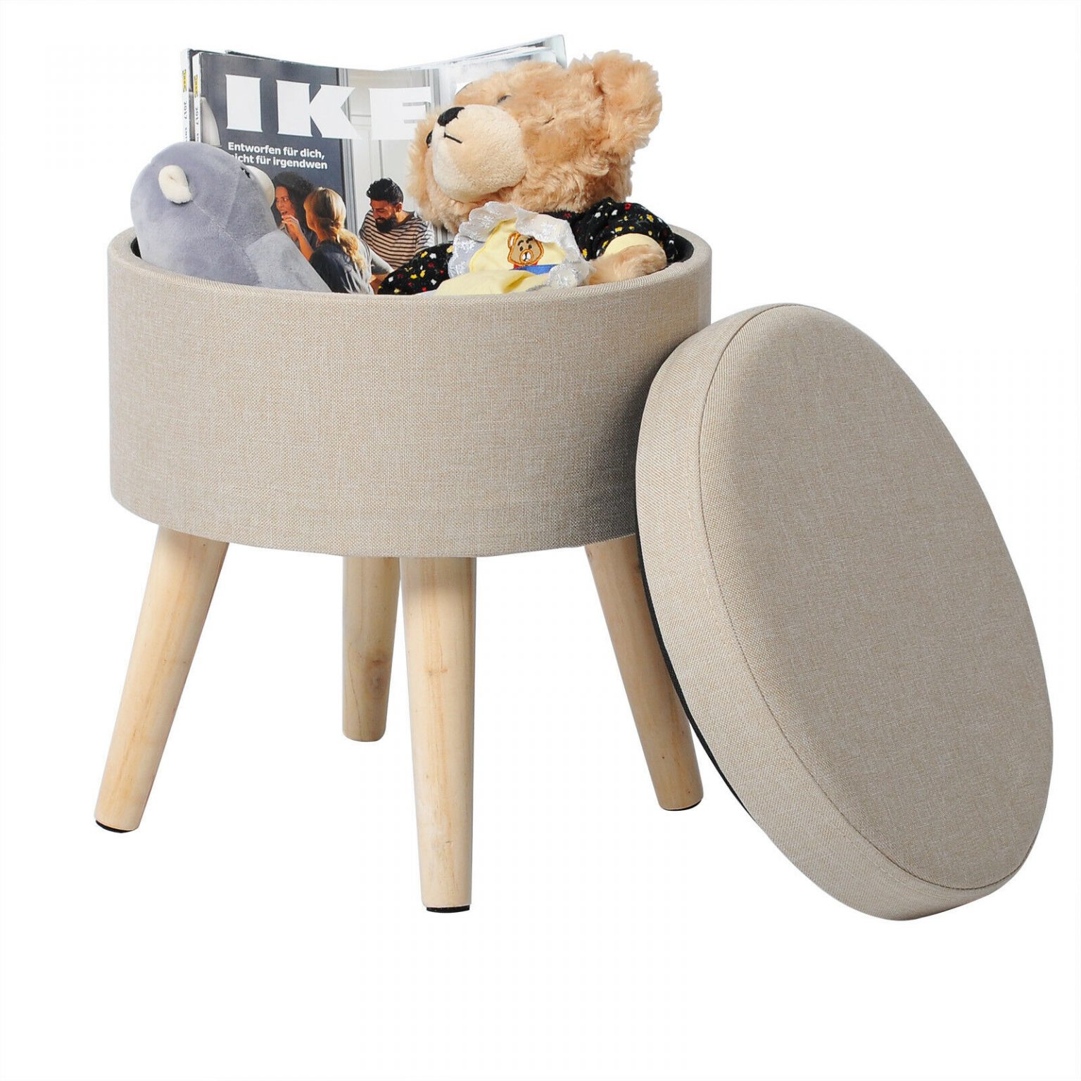 MUMUXIAO Pouf rotondo per soggiorno e camera da letto, sgabello imbottito con poggiapiedi con coperchio, in velluto con ruote universali (bianco